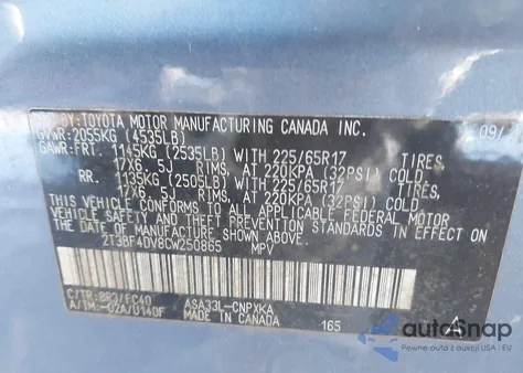 2012 Toyota Rav4 from USA, damaged, VIN 2T3BF4DV8CW250865